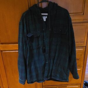 LL Bean Green Plaid Hooded Shirt Jacket